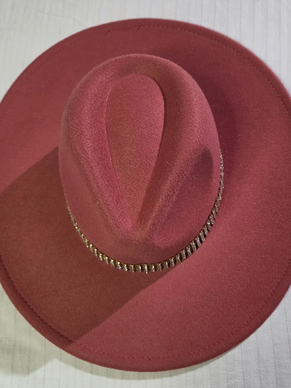 Women’s Wide Brim Felt Fedora Hat with Rhinestone Band - Pink